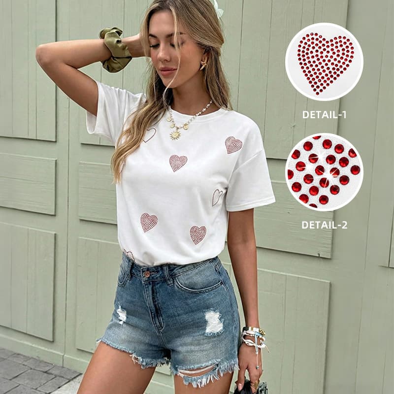 NURO Heart Print Oversized T-Shirt Casual Short Sleeve Top