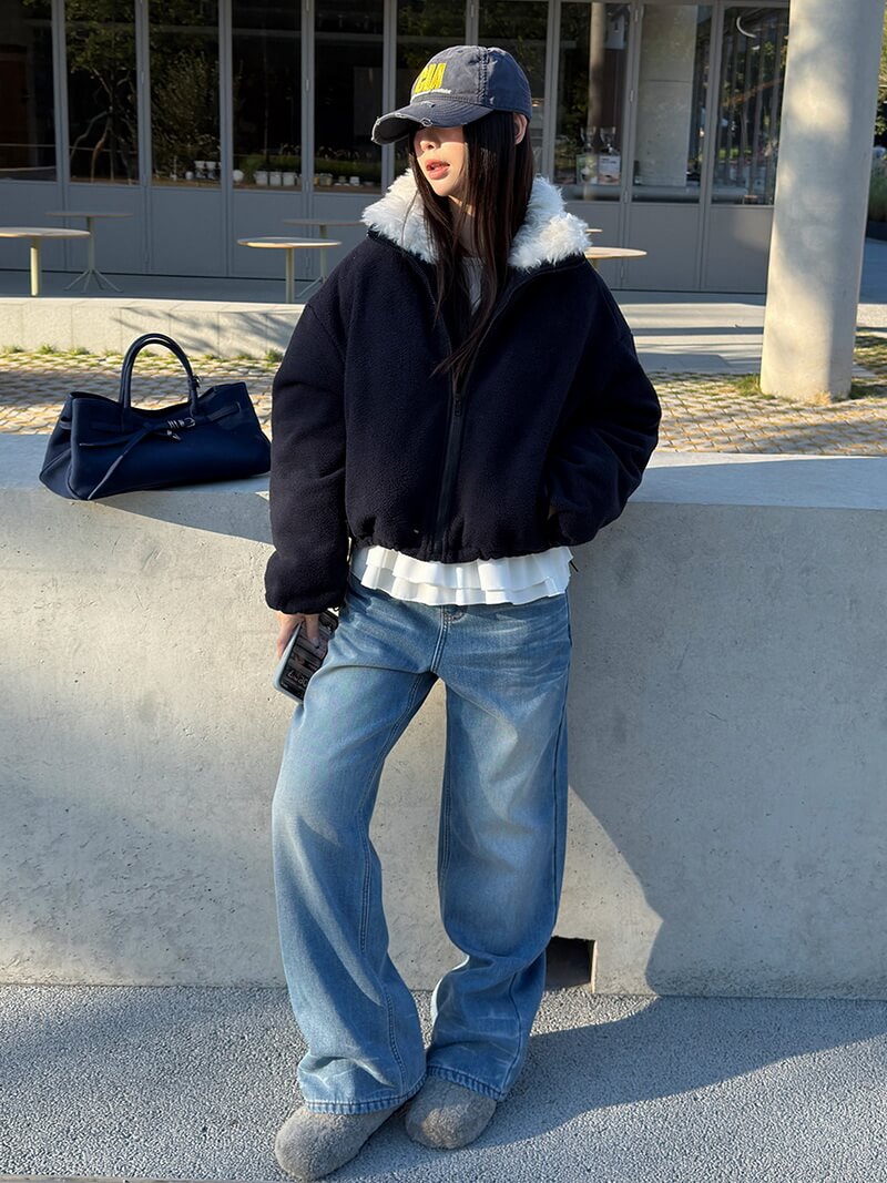 NURO Heavyweight Faux Fur Collar Parka, Mid-Long Puffer Coat with Non-Detachable Collar, Oversized Streetwear Winter Jacket