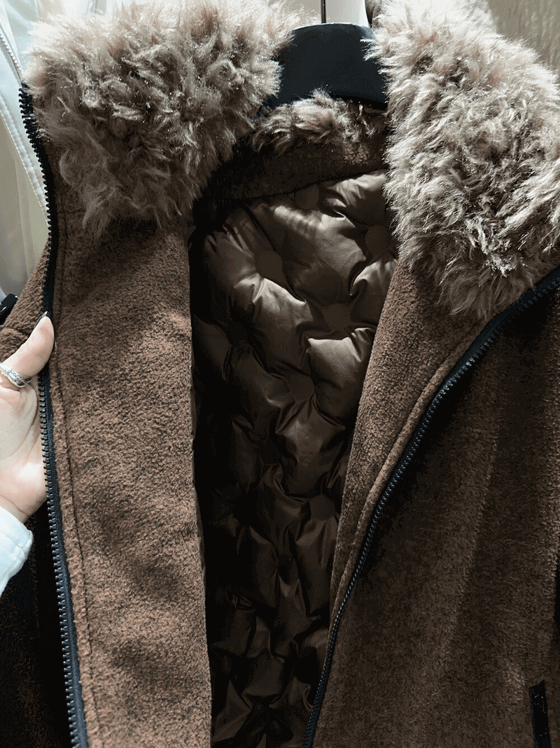 NURO Heavyweight Faux Fur Collar Parka, Mid-Long Puffer Coat with Non-Detachable Collar, Oversized Streetwear Winter Jacket