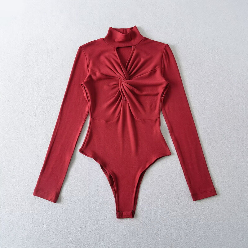NURO High Neck Long Sleeve Bodysuit for Women - Knit Detail Fleece-Lined Jumpsuit