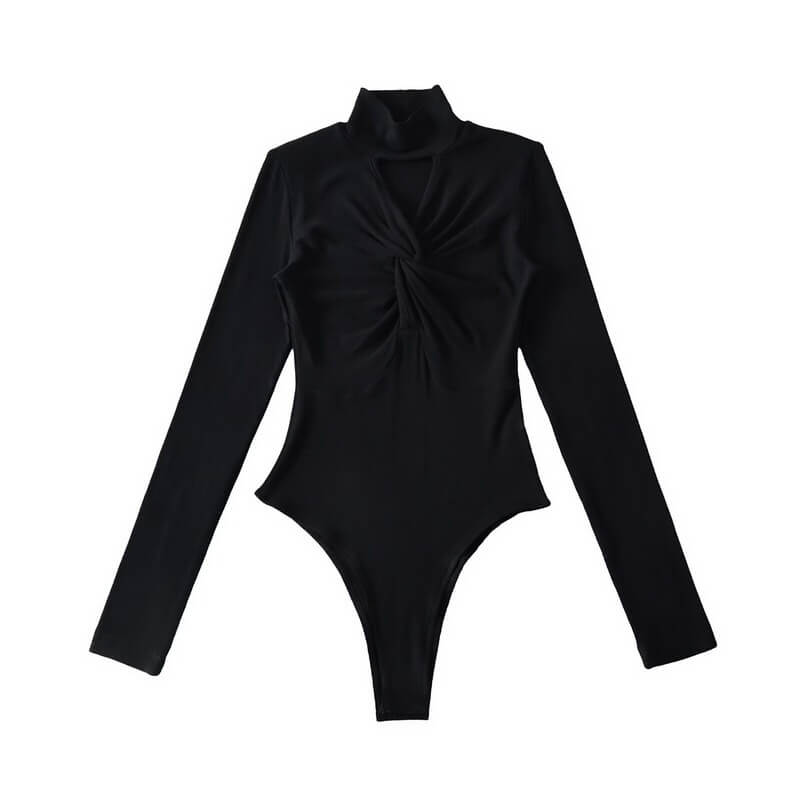NURO High Neck Long Sleeve Bodysuit for Women - Knit Detail Fleece-Lined Jumpsuit