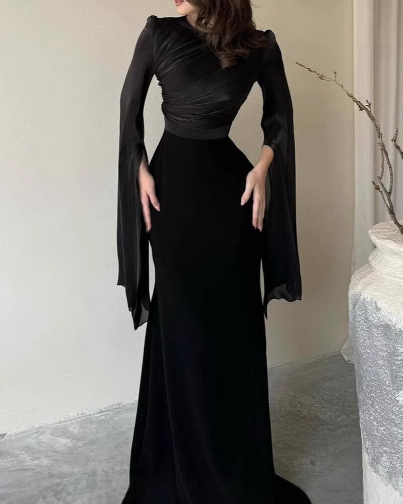 NURO High Waist Batwing Sleeve Maxi Dress Women's Elegant Ruffle Trim Evening Gown