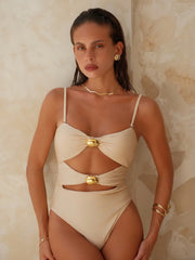 NURO Hollow Cutout One-Piece Swimsuit with Gold Buttons