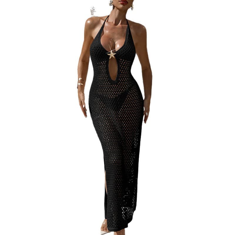NURO Hollow knit backless side slit dress