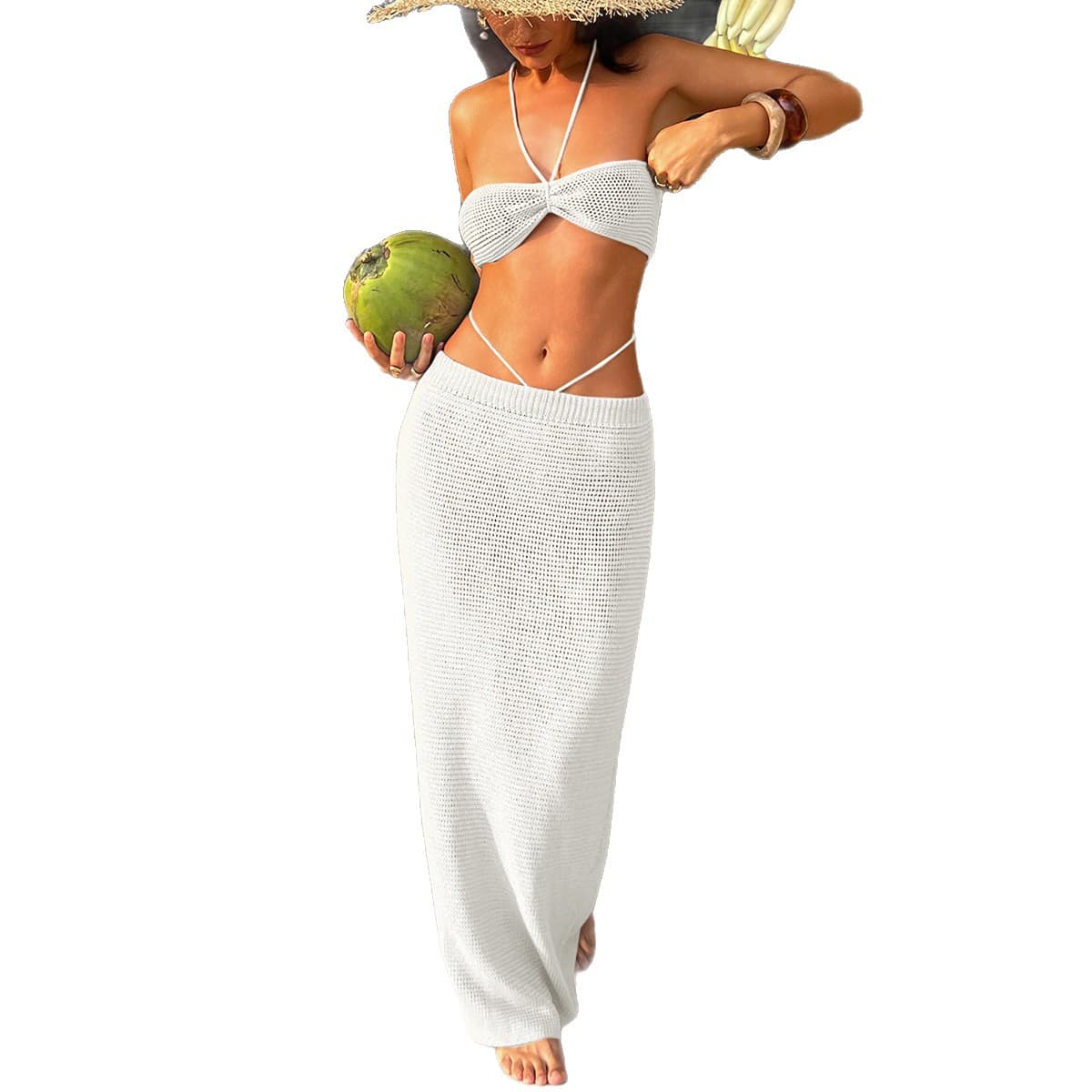 NURO Hollow knitted slim long skirt suit