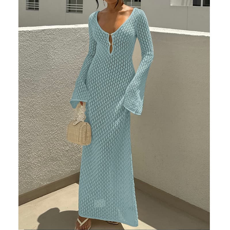 NURO Hollow textured V-neck round button long-sleeved sunscreen backless long skirt