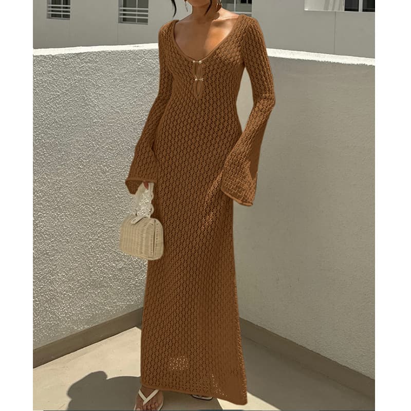 NURO Hollow textured V-neck round button long-sleeved sunscreen backless long skirt