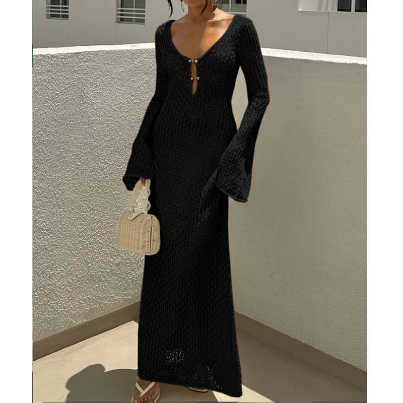 NURO Hollow textured V-neck round button long-sleeved sunscreen backless long skirt