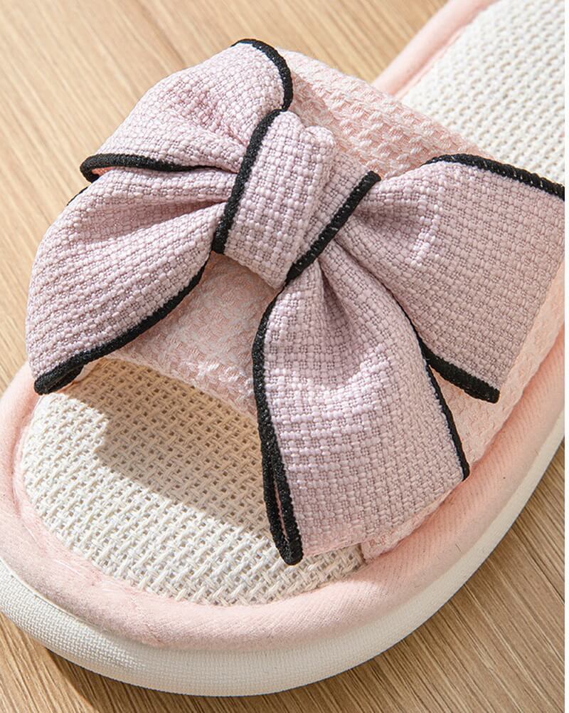 NURO Houndstooth Linen Slide Sandals with Bow for Women