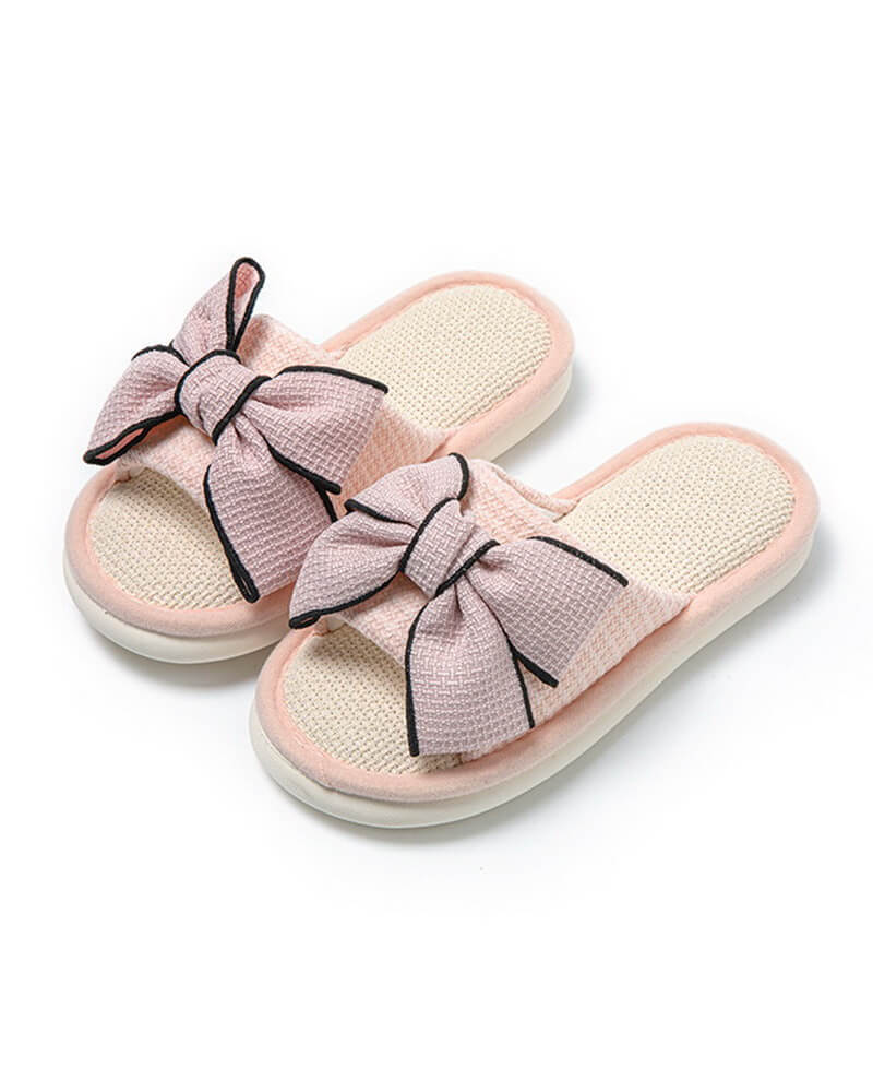 NURO Houndstooth Linen Slide Sandals with Bow for Women