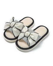 NURO Houndstooth Linen Slide Sandals with Bow for Women