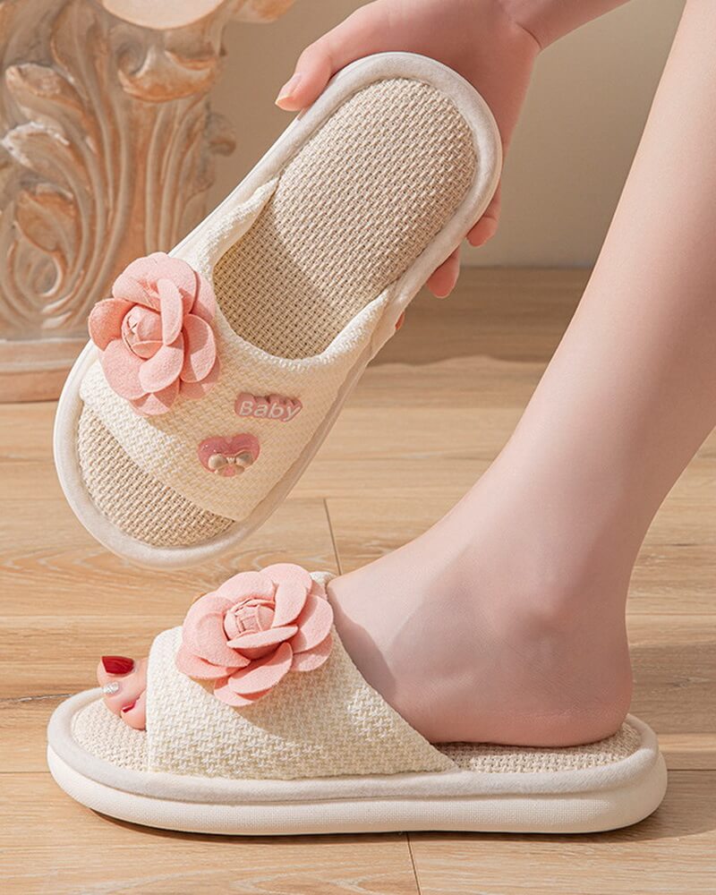NURO Houndstooth Linen Slide Sandals with Flower Accent for Women