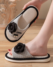 NURO Houndstooth Linen Slide Sandals with Flower Accent for Women
