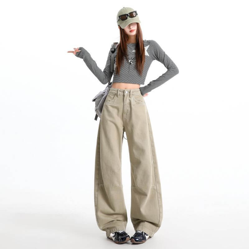 NURO Khaki Curved Cargo Wide-Leg Jeans