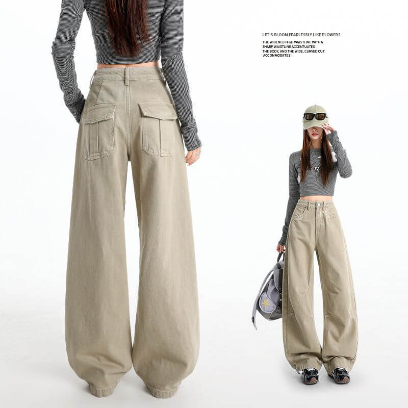 NURO Khaki Curved Cargo Wide-Leg Jeans