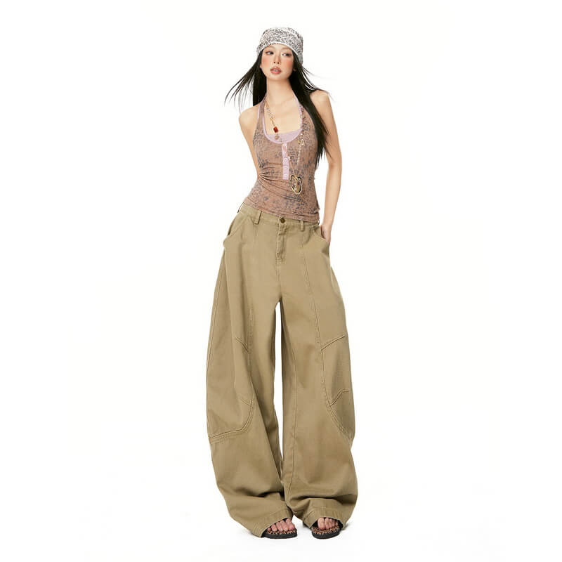 NURO Khaki Curved Wide-Leg Denim Pants