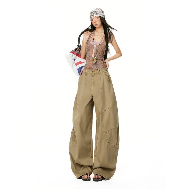 NURO Khaki Curved Wide-Leg Denim Pants