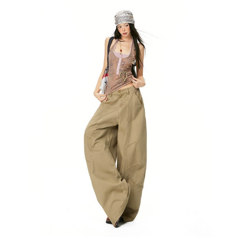 NURO Khaki Curved Wide-Leg Denim Pants