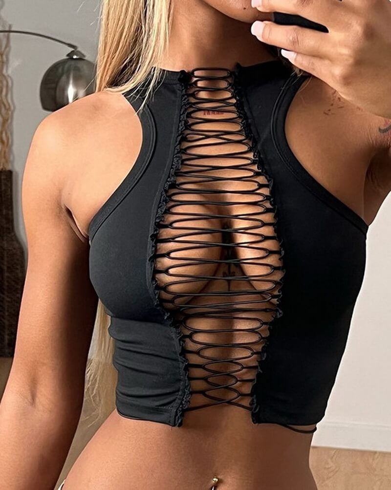 NURO Lace-Up Front Sleeveless Crop Top