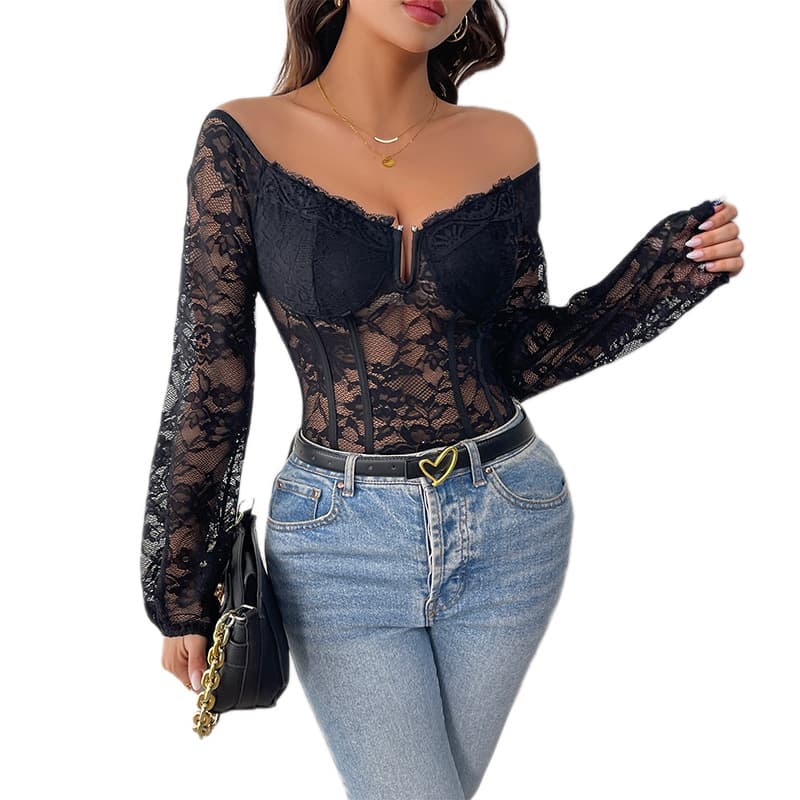 NURO Lace Long Sleeve Jumpsuit High Waist Bodysuit