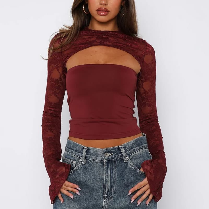 NURO Lace Long Sleeve Top Mock Neck Bell Sleeve Blouse