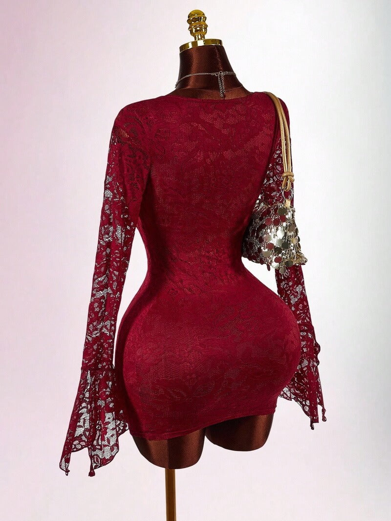 NURO Lace Panel Long Sleeve Bodycon Mini Dress with Metallic Accent