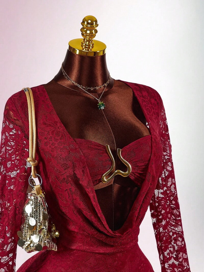 NURO Lace Panel Long Sleeve Bodycon Mini Dress with Metallic Accent