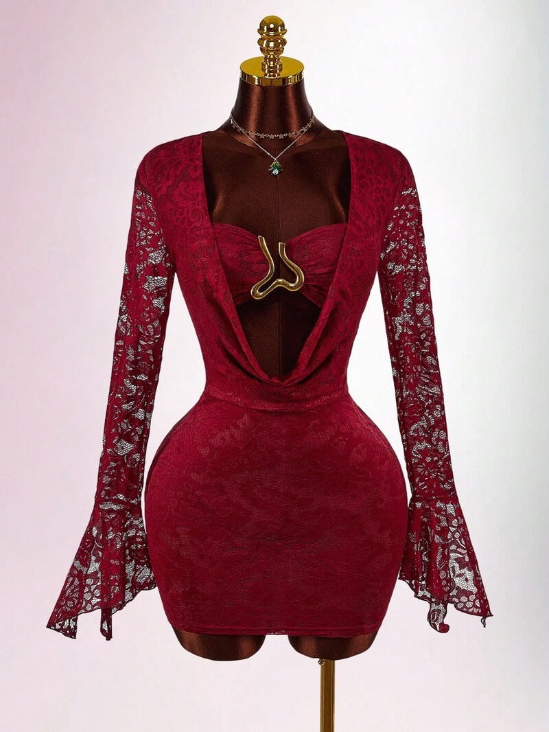 NURO Lace Panel Long Sleeve Bodycon Mini Dress with Metallic Accent