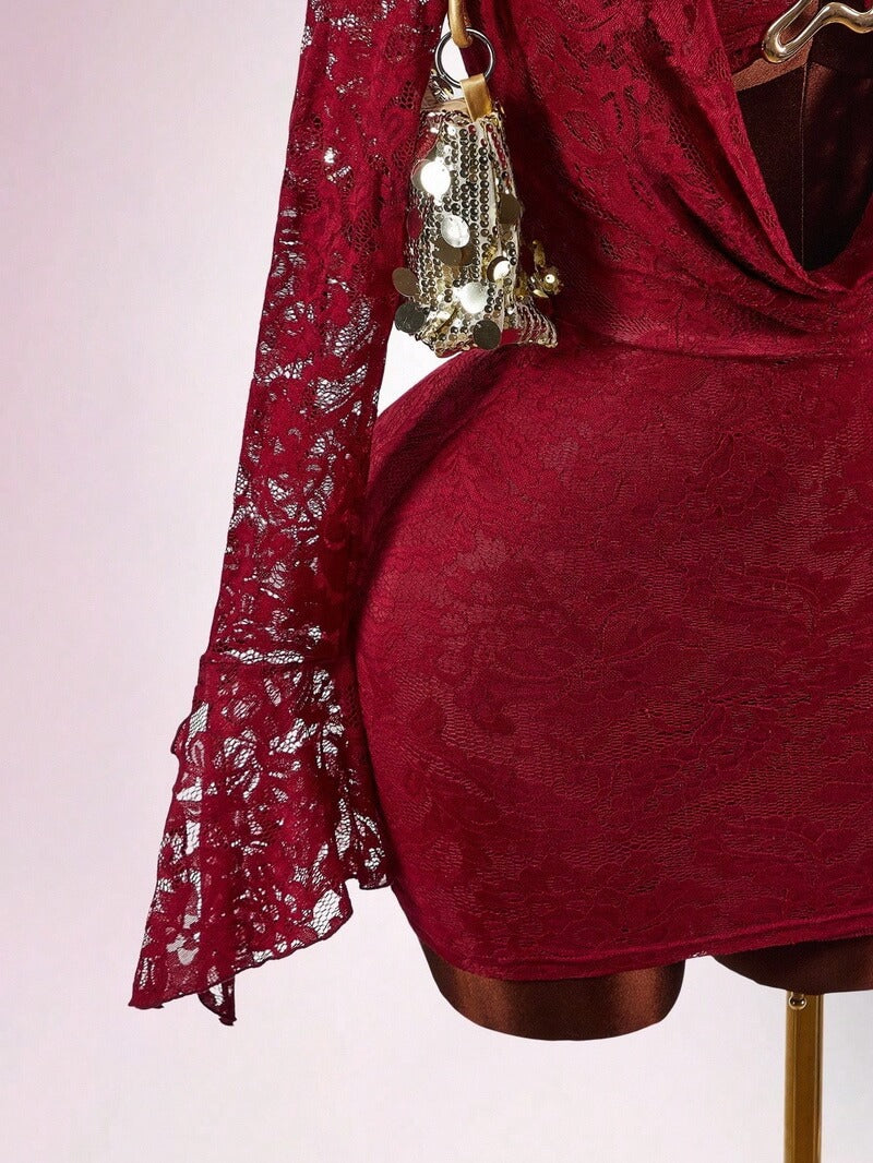 NURO Lace Panel Long Sleeve Bodycon Mini Dress with Metallic Accent