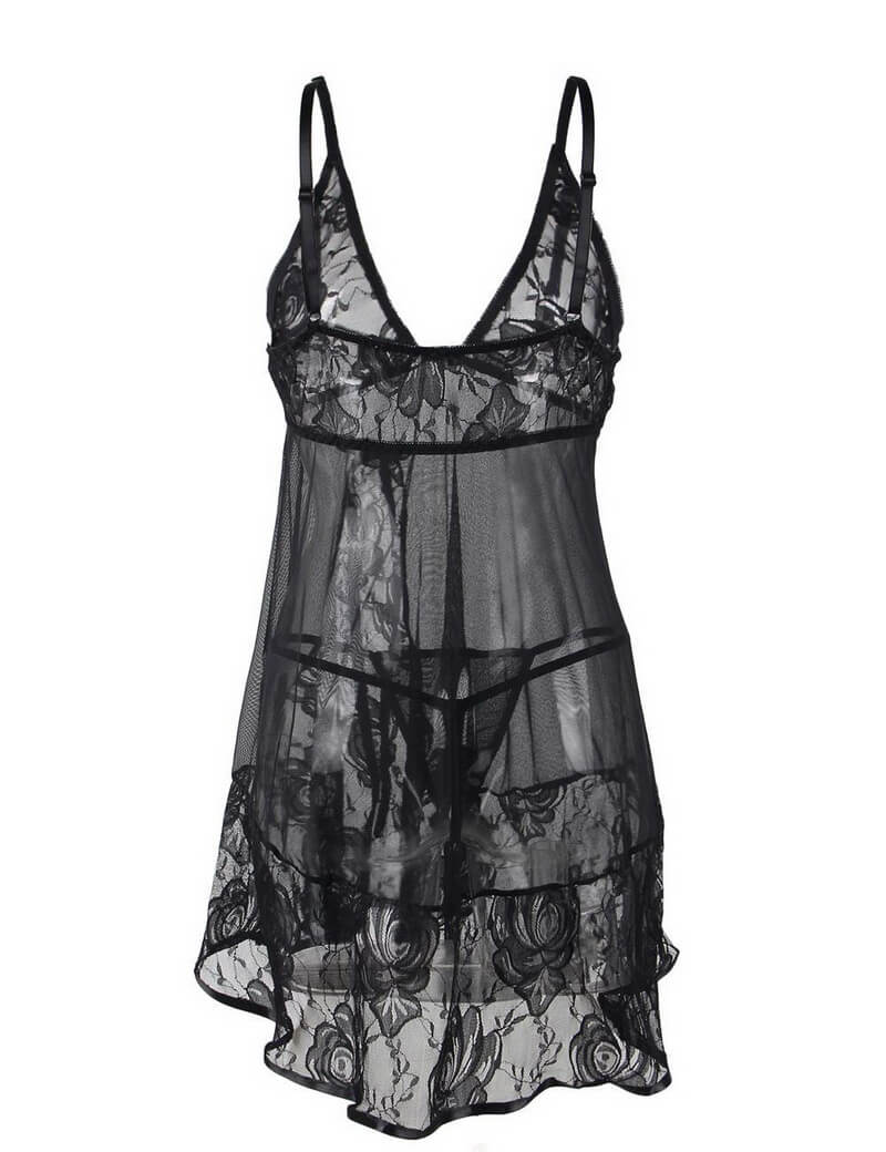 NURO Lace Sheer Babydoll Nightgown with G-String