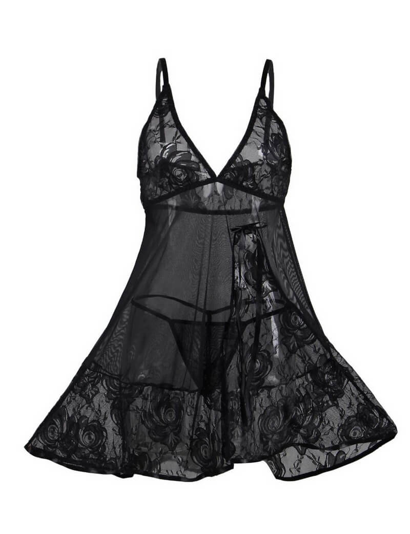 NURO Lace Sheer Babydoll Nightgown with G-String