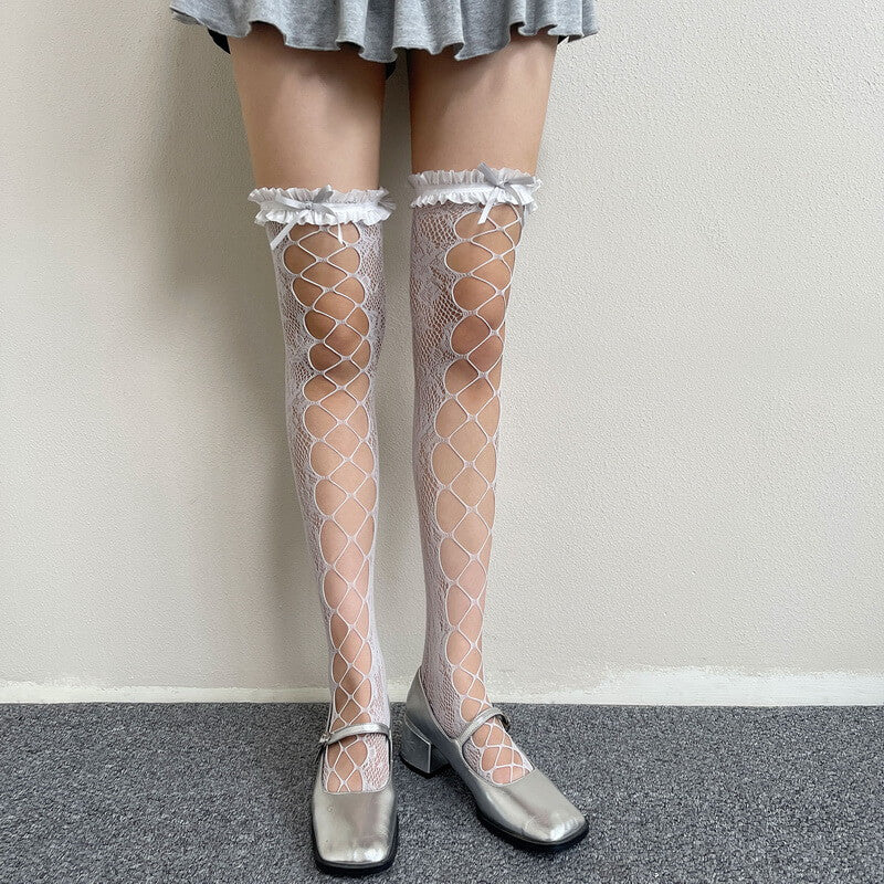 NURO Lace Trim Bow Detail Fishnet Thigh High Socks for Women