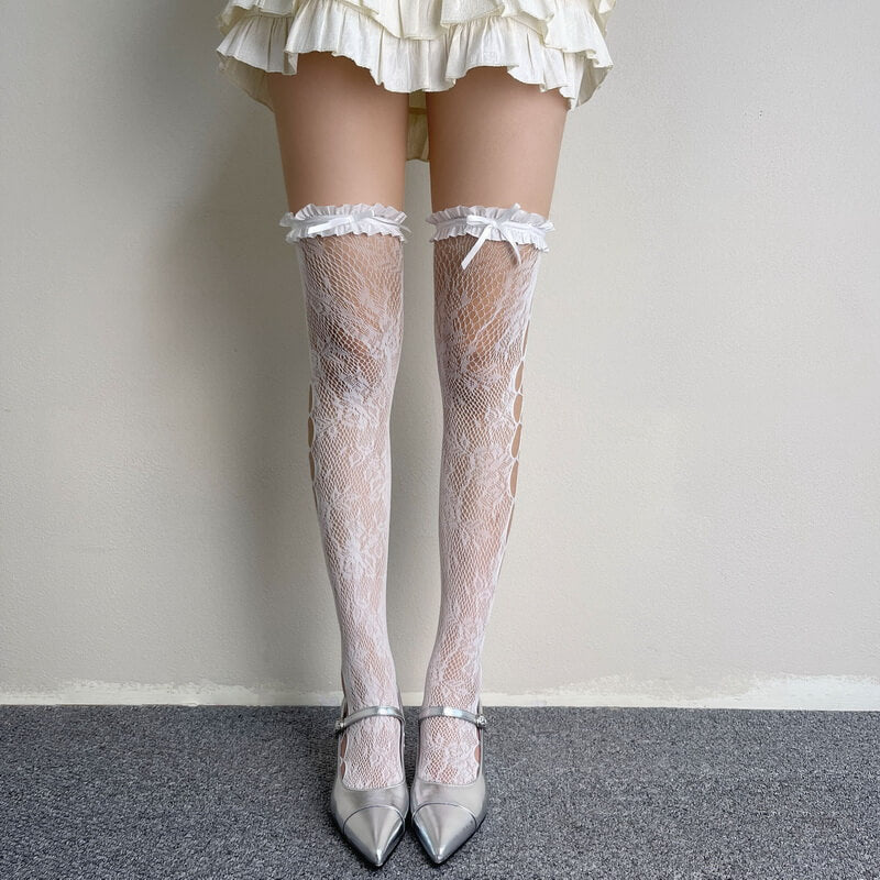 NURO Lace Trim Bow Detail Fishnet Thigh High Socks for Women