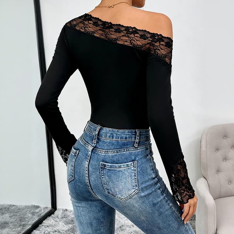NURO Lace Trim Long Sleeve Jumpsuit High Stretch Bodysuit