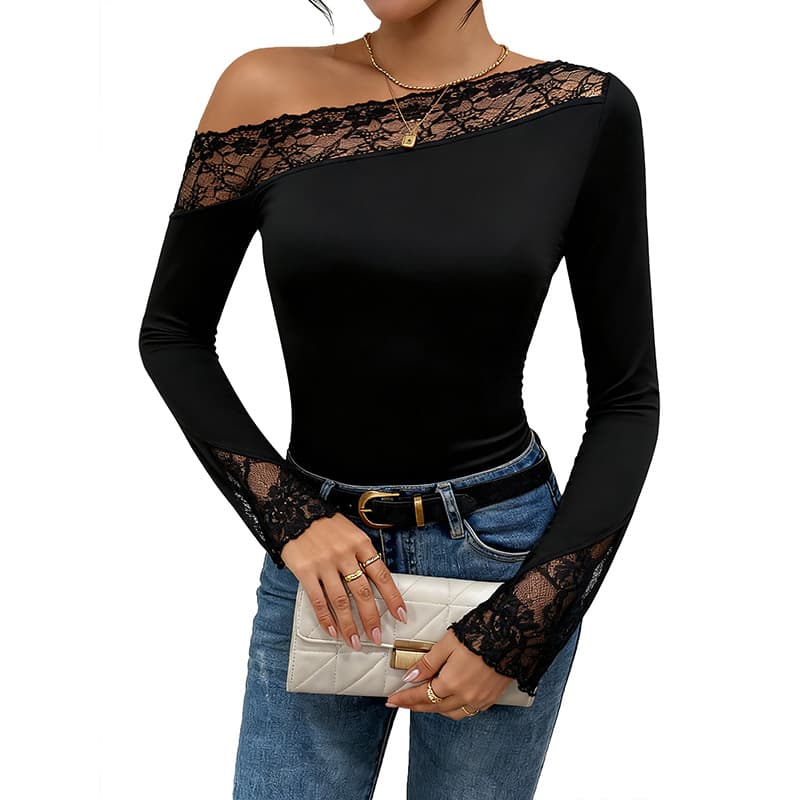 NURO Lace Trim Long Sleeve Jumpsuit High Stretch Bodysuit