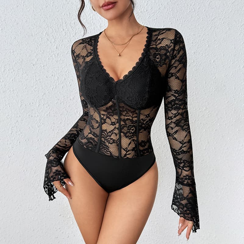 NURO Lace Trim Long Sleeve Jumpsuit High Waist Bodysuit