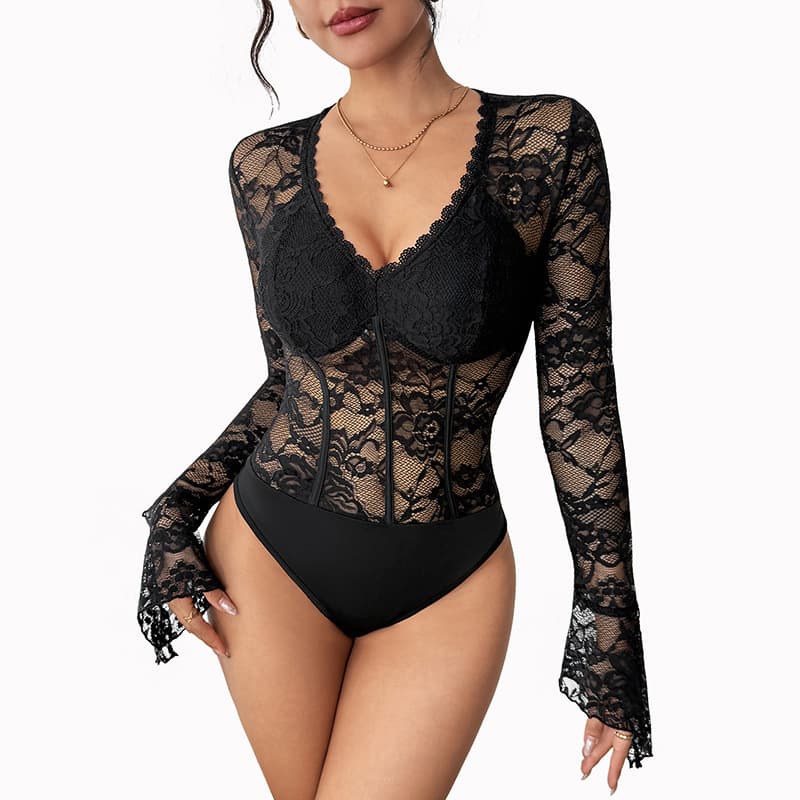 NURO Lace Trim Long Sleeve Jumpsuit High Waist Bodysuit