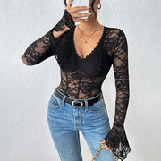 NURO Lace Trim Long Sleeve Jumpsuit High Waist Bodysuit