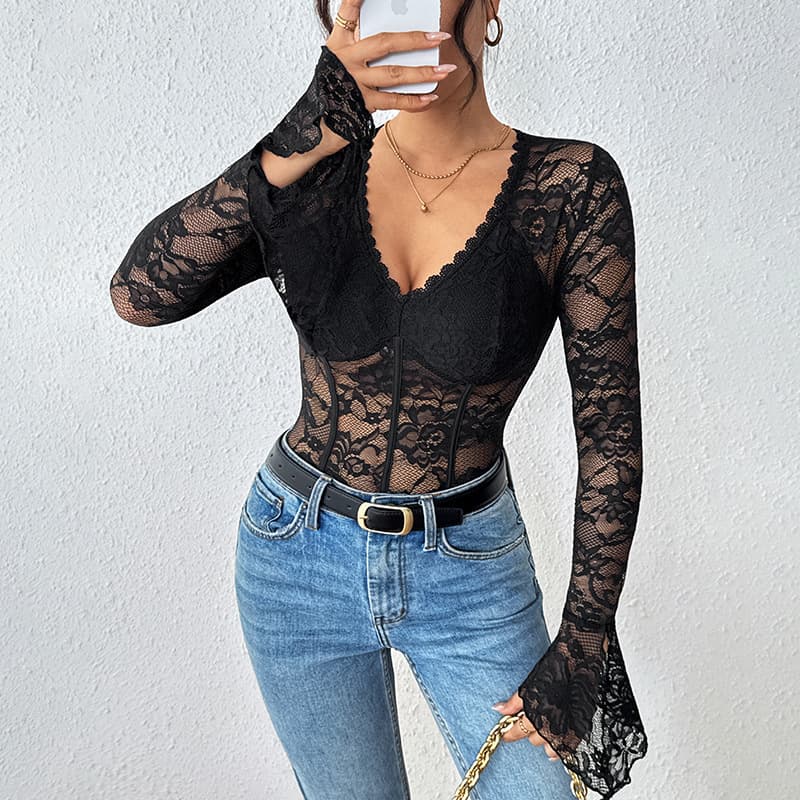 NURO Lace Trim Long Sleeve Jumpsuit High Waist Bodysuit