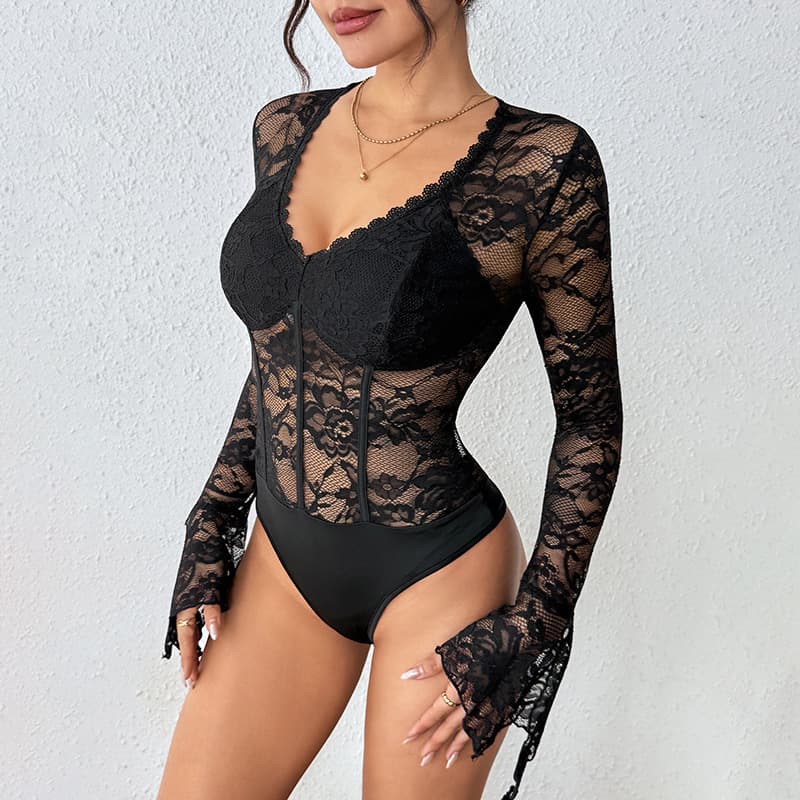 NURO Lace Trim Long Sleeve Jumpsuit High Waist Bodysuit
