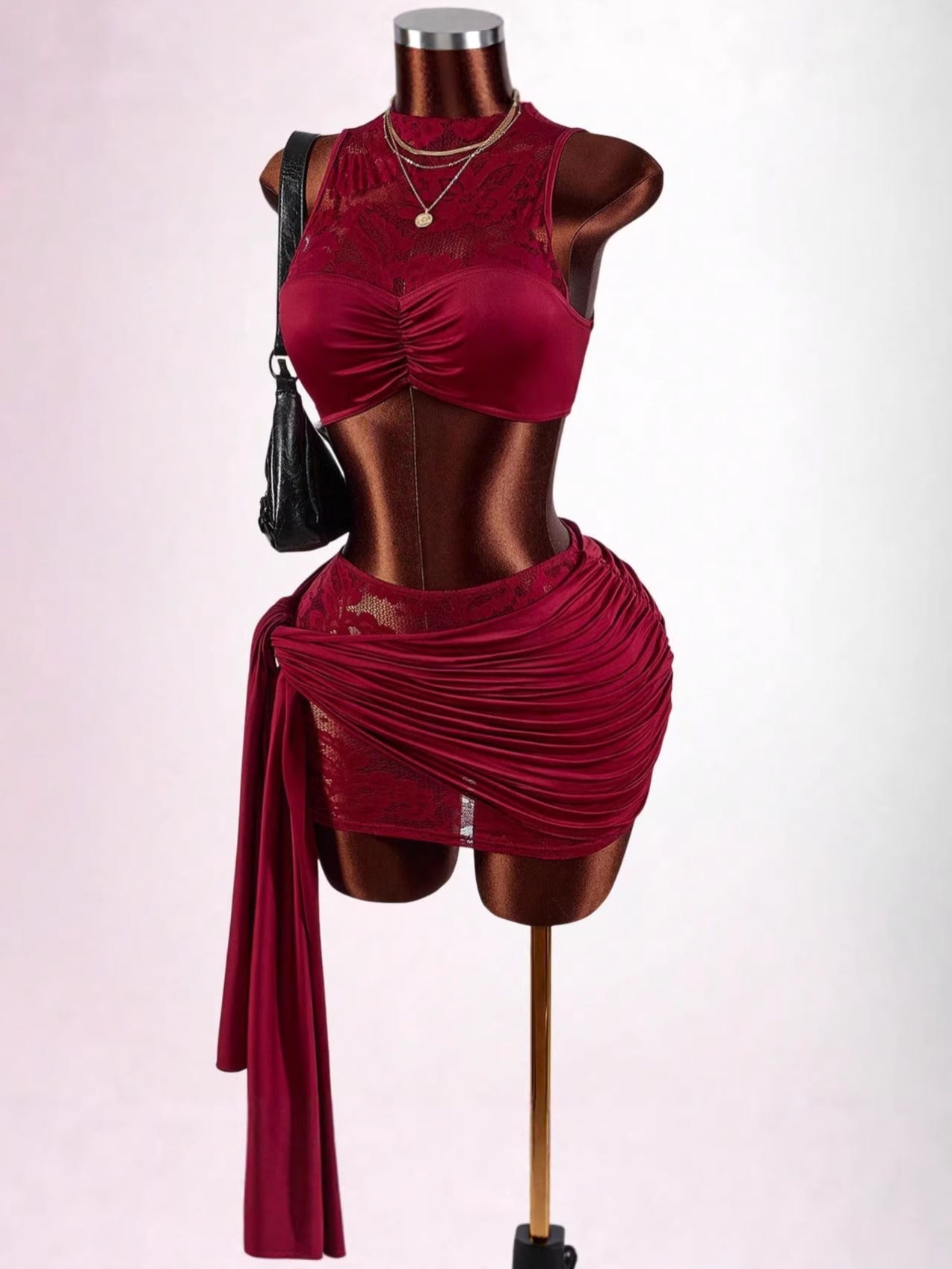 NURO Lace Trim Sleeveless Crop Top and Bodycon Mini Skirt Set