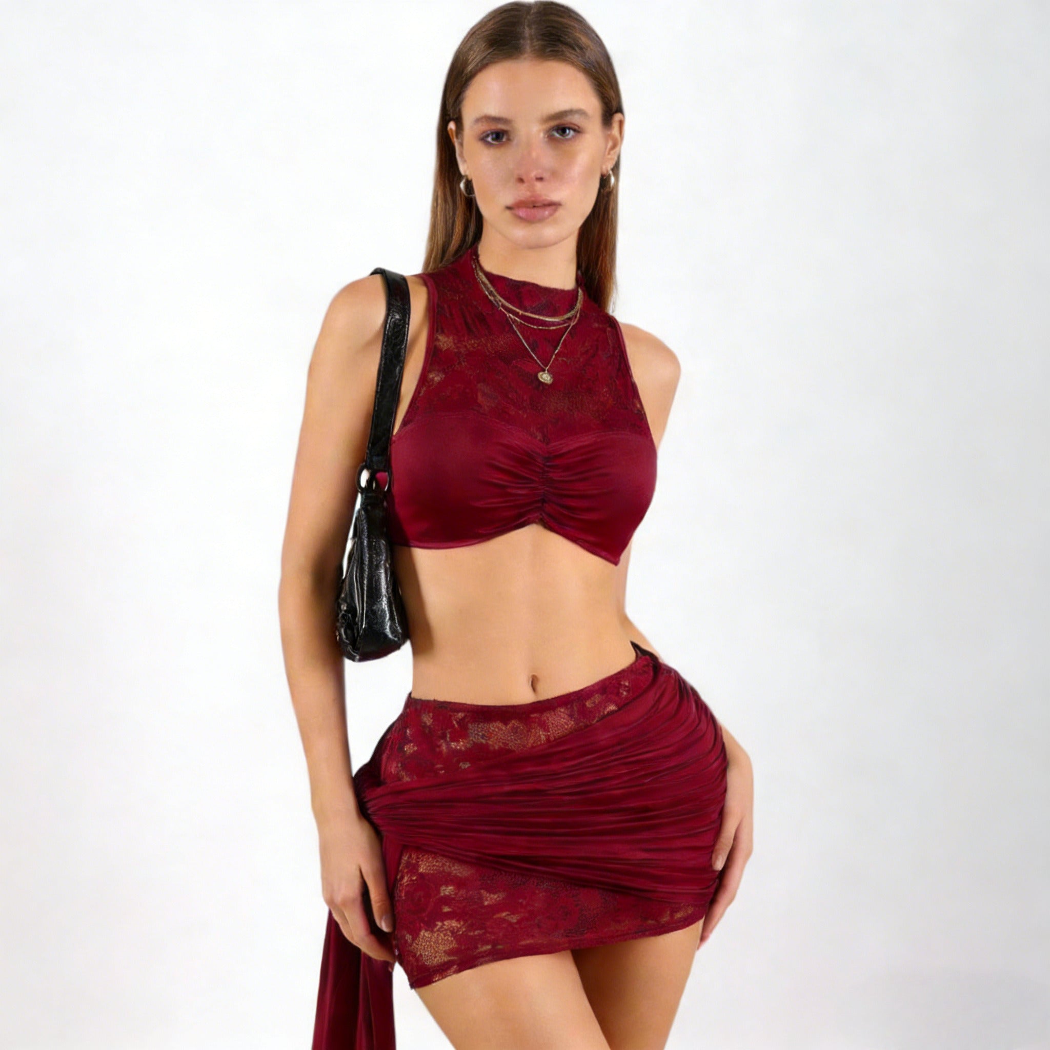 NURO Lace Trim Sleeveless Crop Top and Bodycon Mini Skirt Set