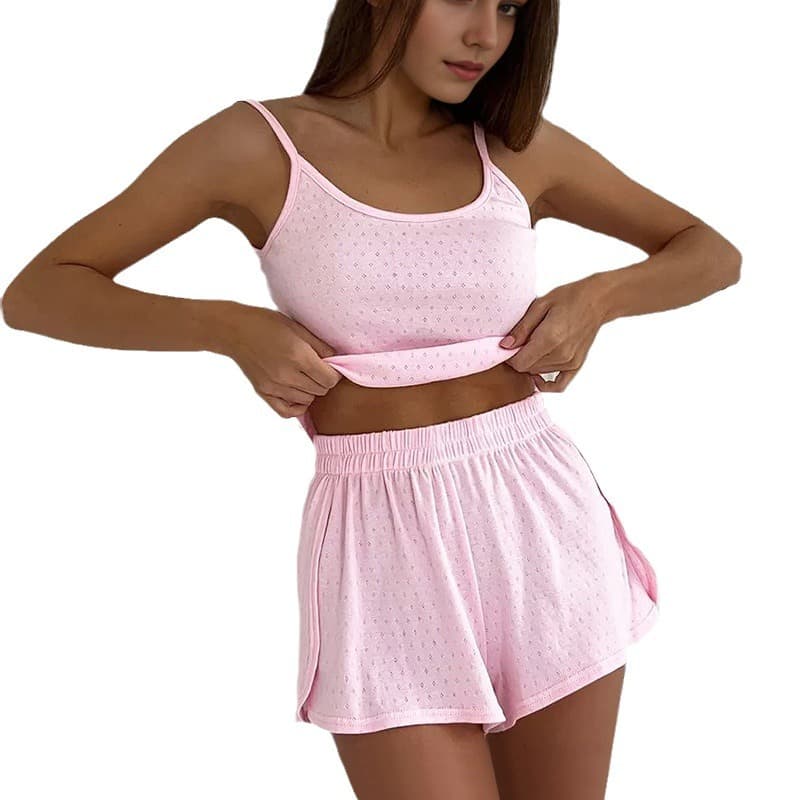 NURO Lace Trim Tank Top and Shorts Set Casual Two Piece Outfit