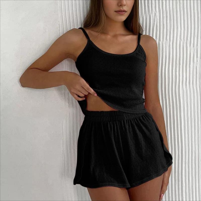 NURO Lace Trim Tank Top and Shorts Set Casual Two Piece Outfit