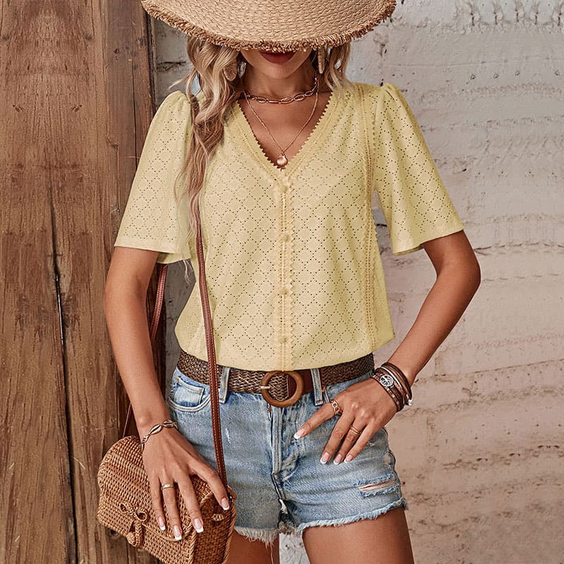 NURO Lace Trim V-Neck Oversized T-Shirt Casual Short Sleeve Top