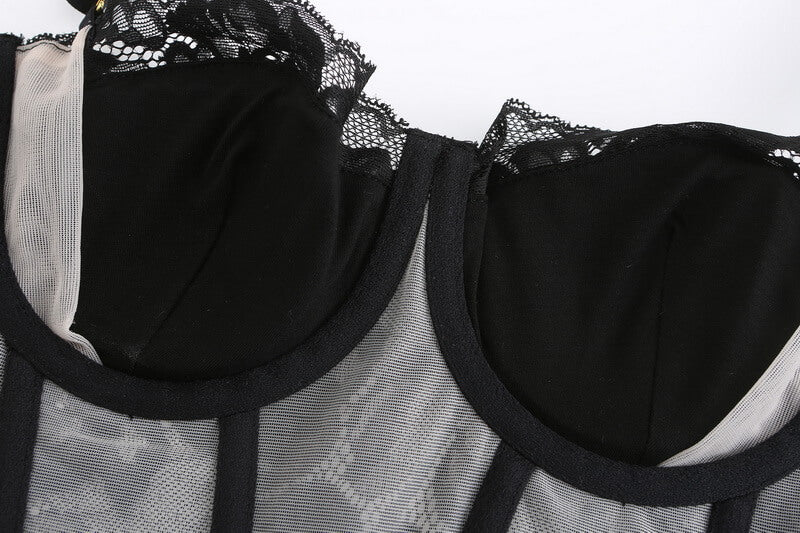 NURO Lace Underbust Longline Corset - Lightly Padded Minimizer Bustier Bra Set