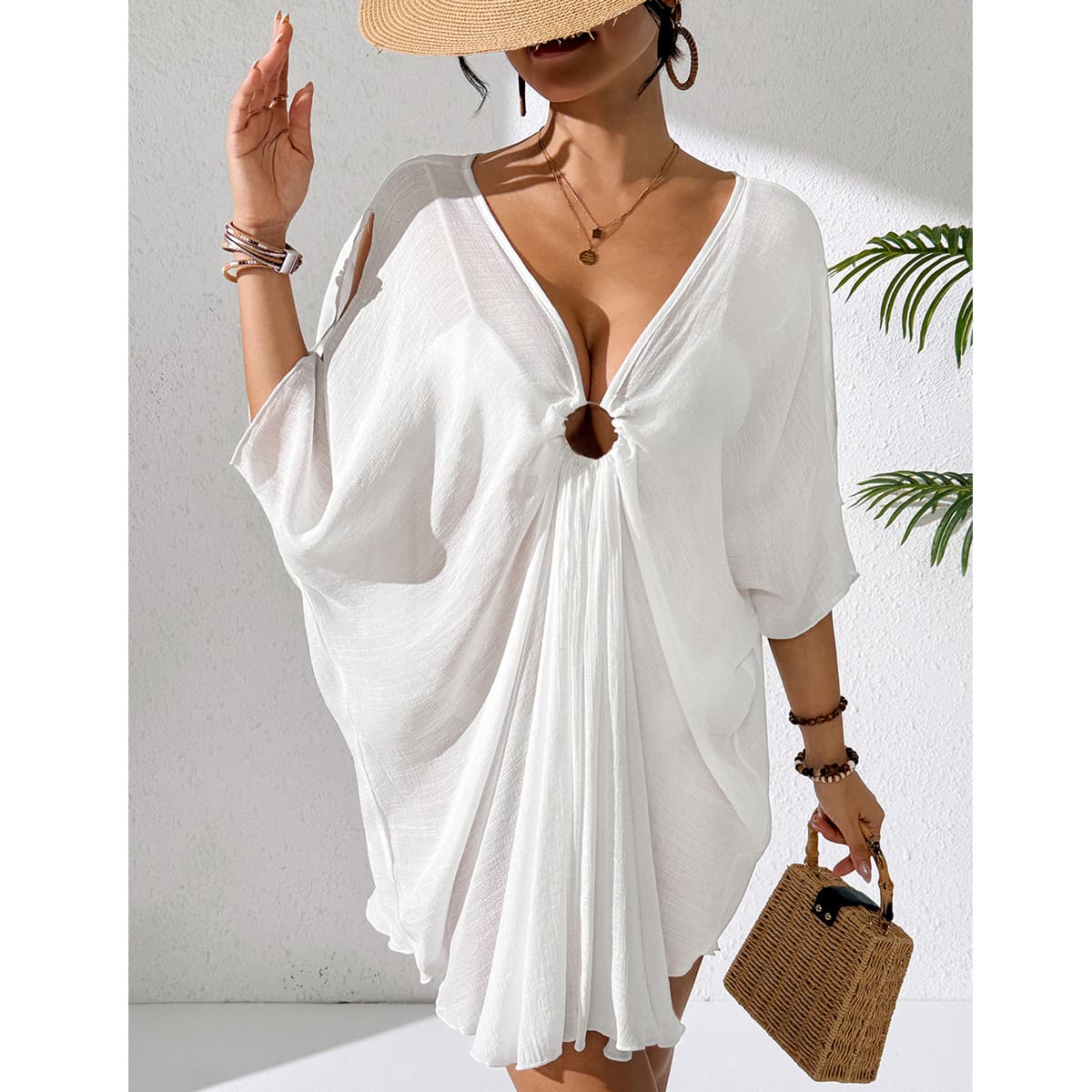 NURO Layered blouse dress with ring V-neck bat sleeves