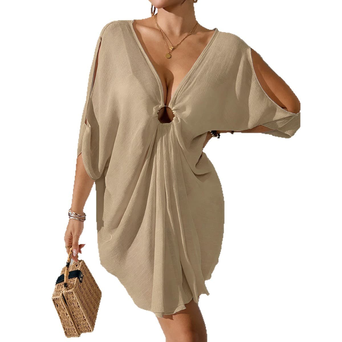 NURO Layered blouse dress with ring V-neck bat sleeves