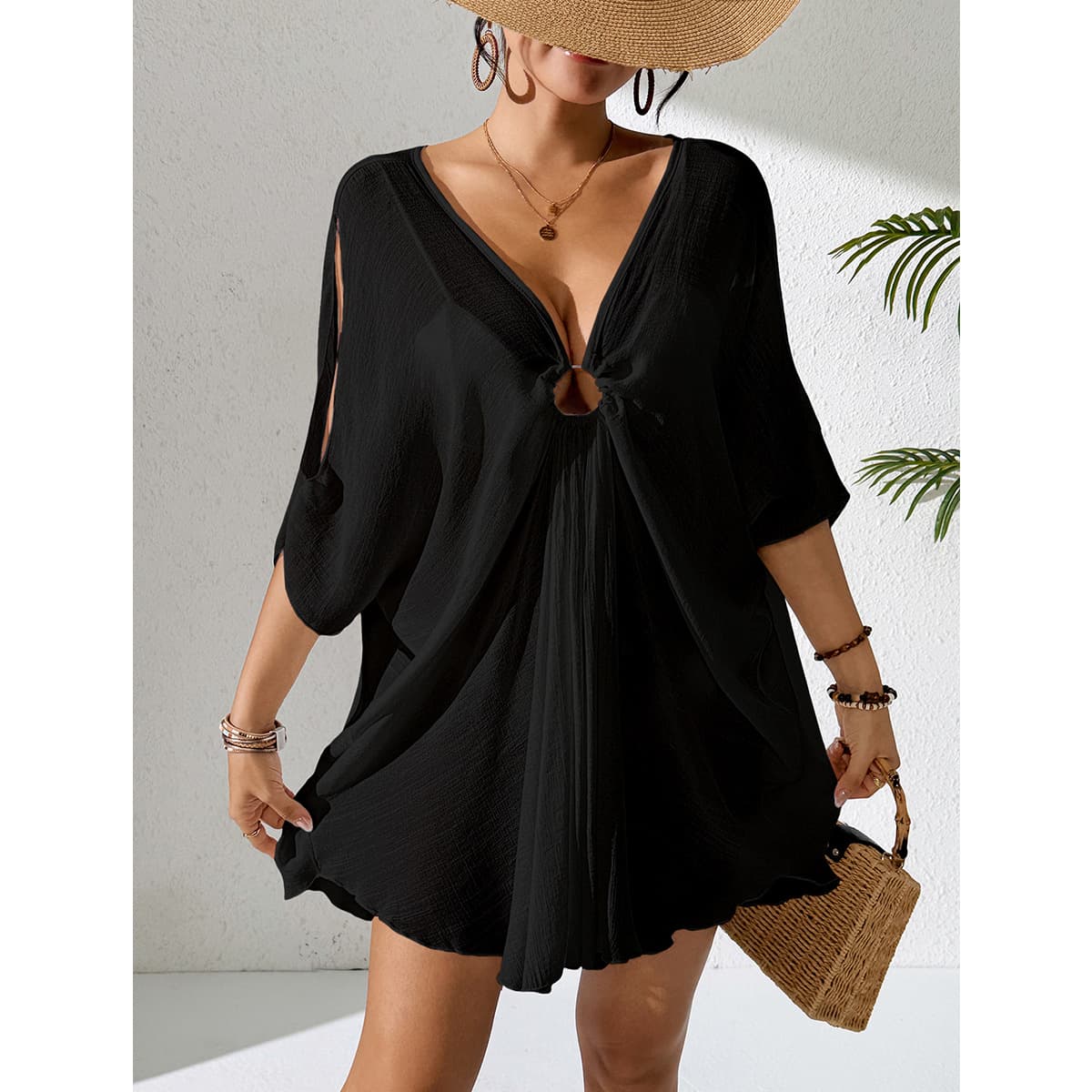 NURO Layered blouse dress with ring V-neck bat sleeves