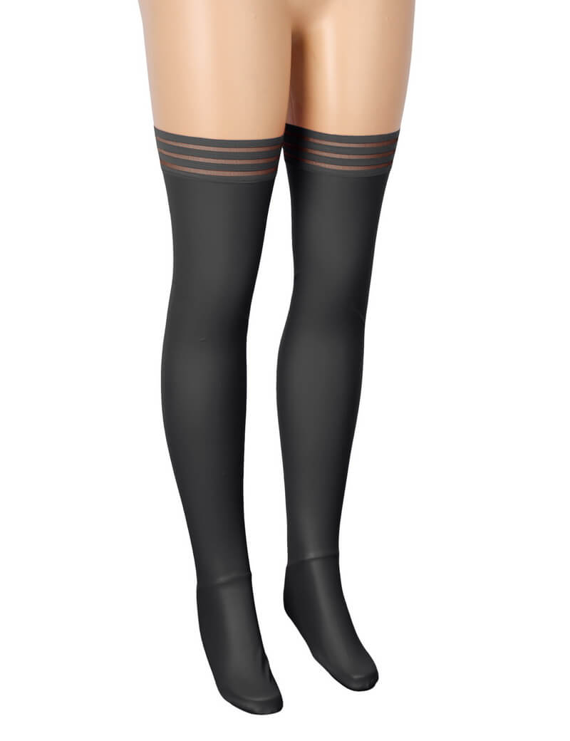 NURO Leather-Look Striped Thigh-High Stockings